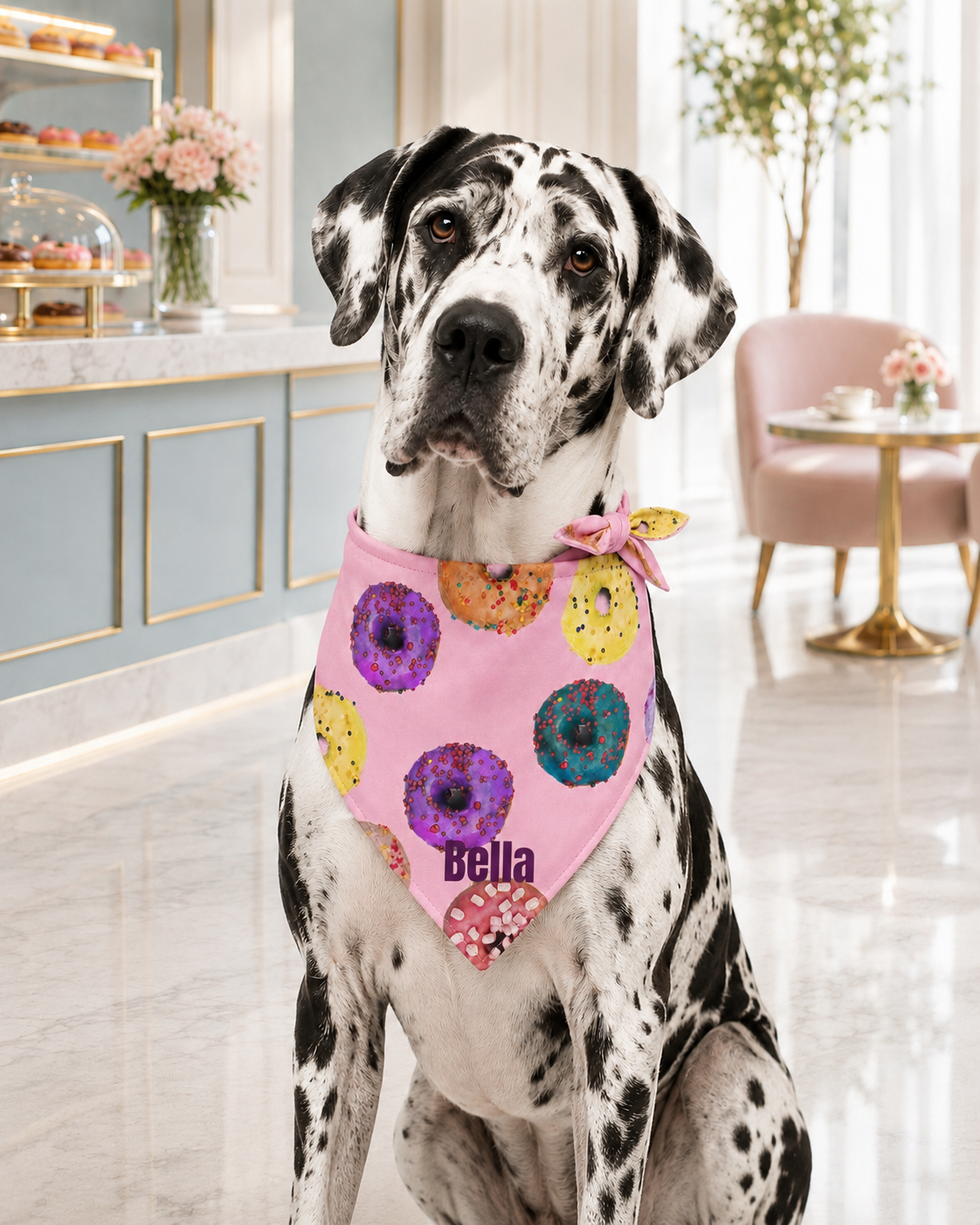 Personalized Dog wearing a colorful 'Bella' bandana in a stylish interior setting