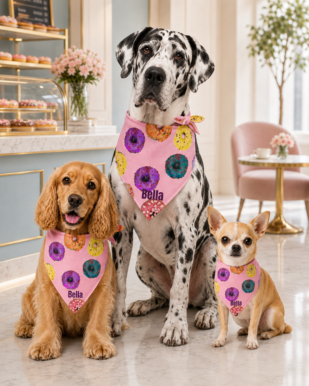 Three dogs wearing matching pink bandanas with floral patterns in a cafe setting.