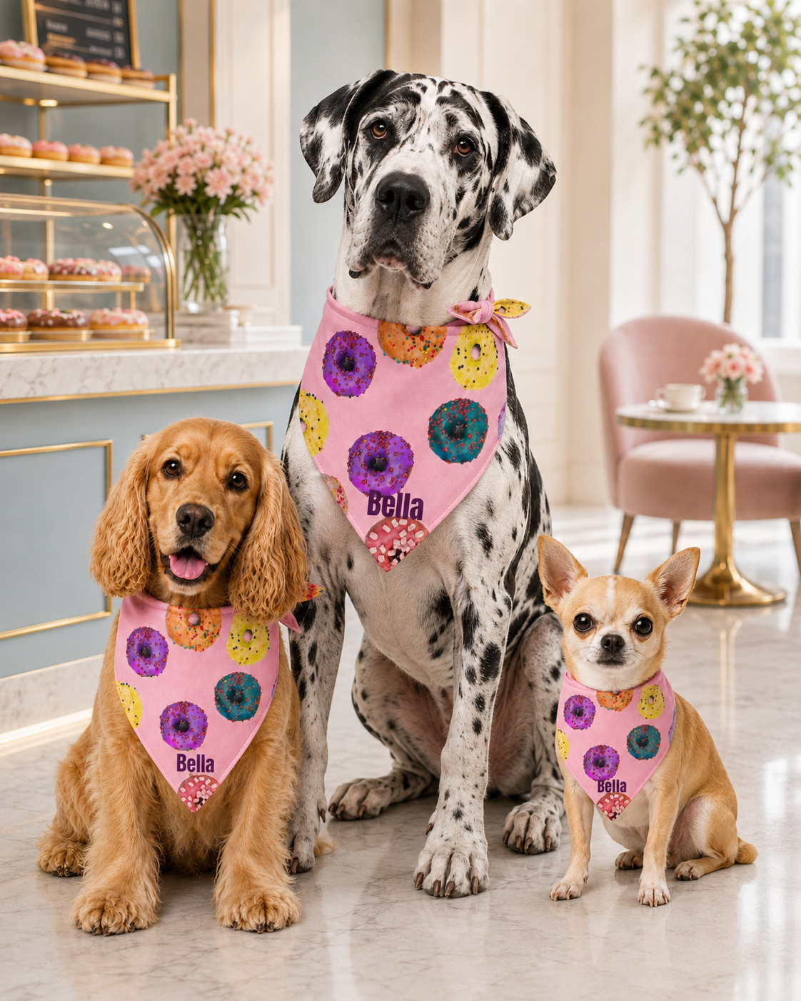 Three dogs wearing matching pink bandanas with floral patterns in a cafe setting.
