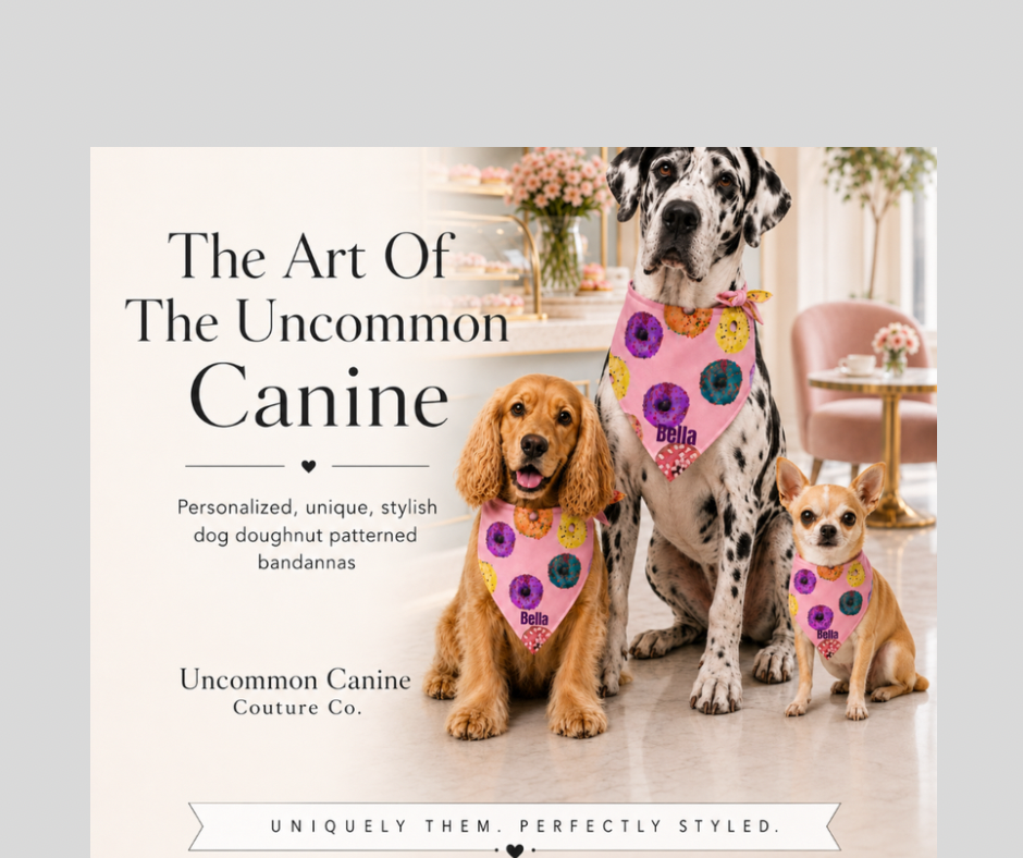 Three dogs wearing colorful bandanas with text about personalized dog products.