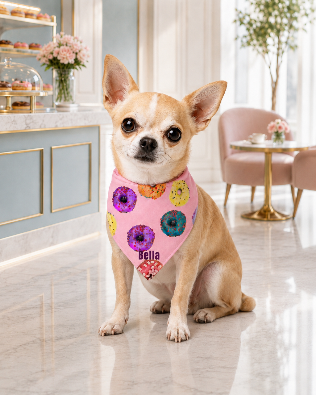 Small dog wearing a colorful bandana with 'Bella' on it, sitting in a stylish interior setting.