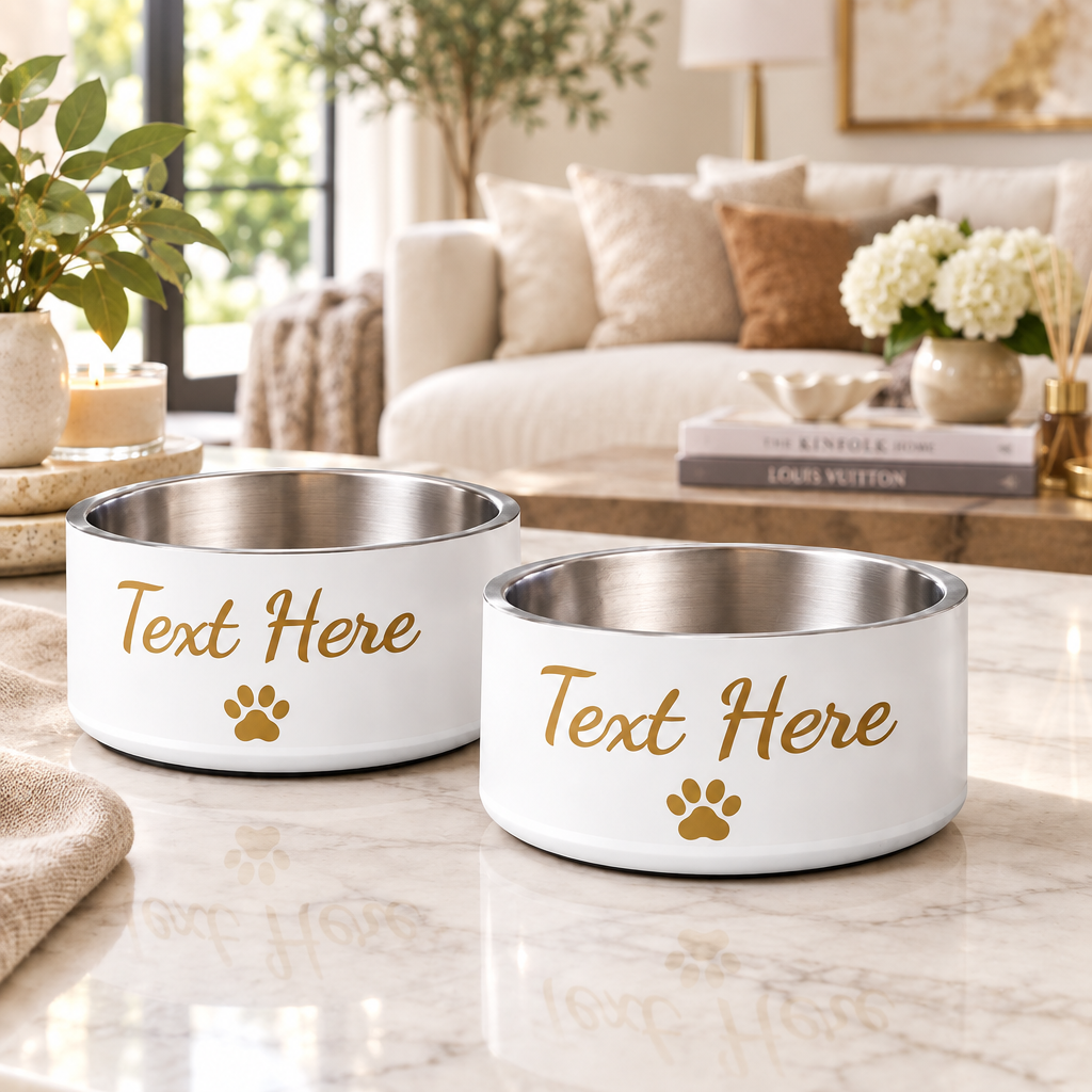 A two piece set of customizable ivory dog bowls with 'Text Here' and a small gold paw printed on both bowls, on a marble countertop.