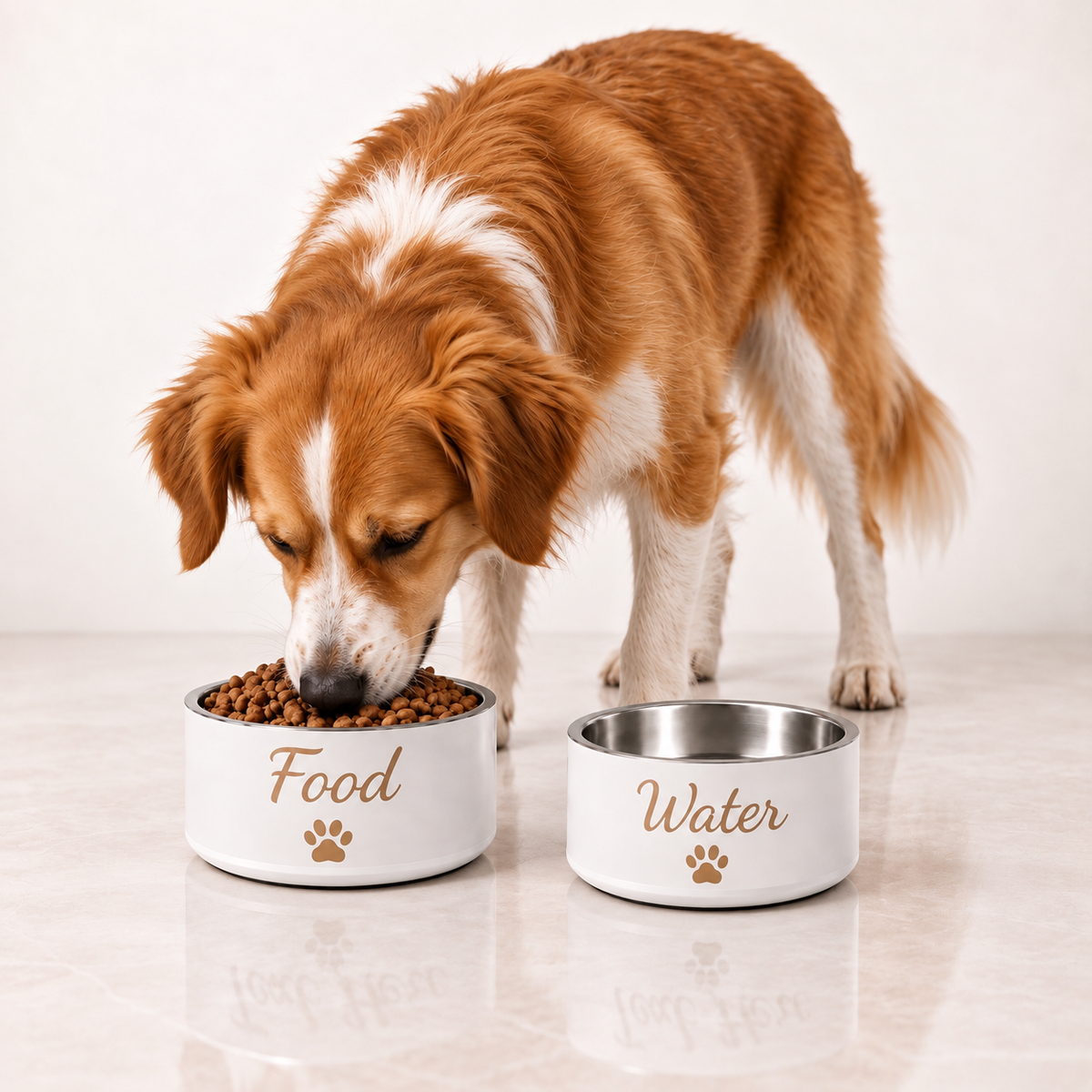 A medium dog is shown eating from a stainless steel dog bowl. One dog bowl  text says ‘Food’ the other says ‘Water’. 
