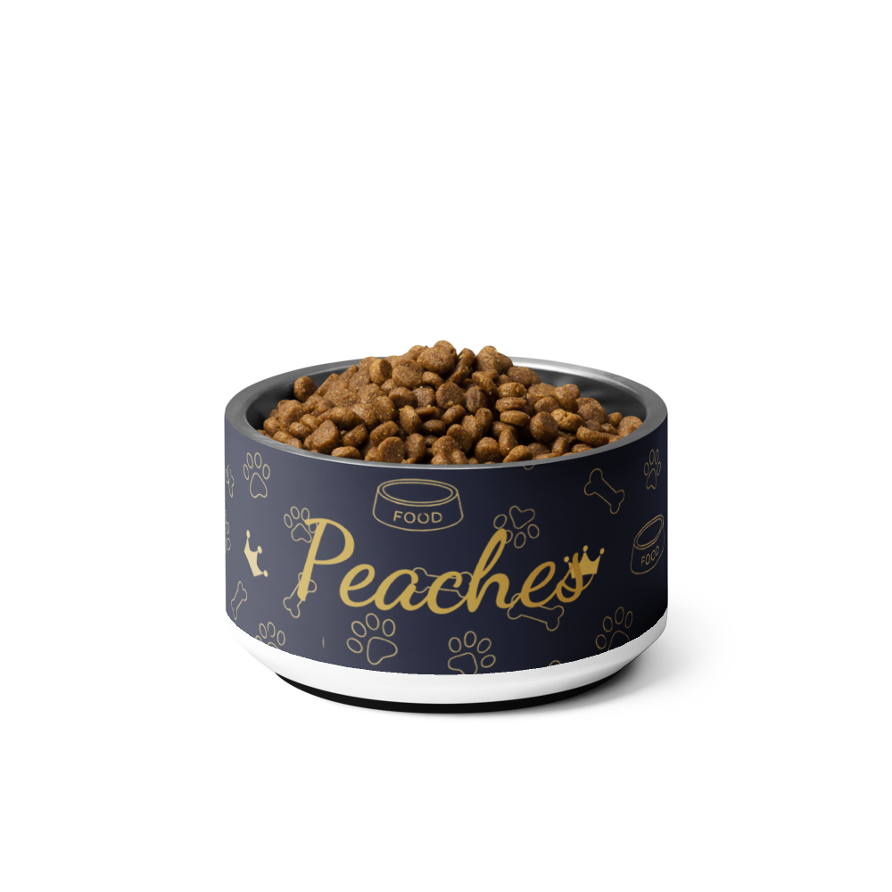 Dog food bowl with 'Peaches'  personalation option branding on a white background