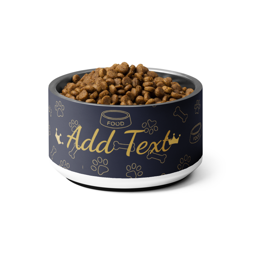 Dog food bowl with pet food inside on a white background