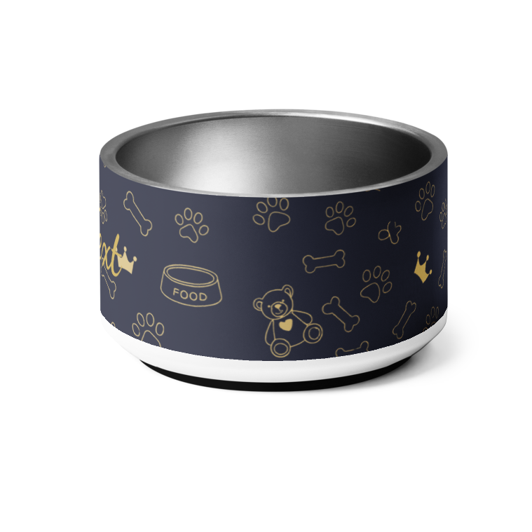 Dog bowl with paw print pattern on a white background