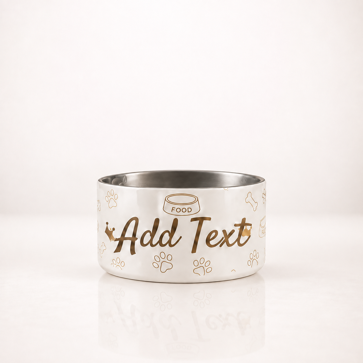 A ivory dog bowl with a stainless steel interior, featuring customizable gold text and small pet crown, & paw, graphics on the front.