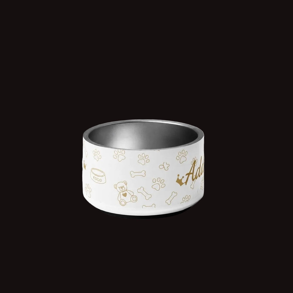 A ivory stainless steel luxury personalized dog bowl; crown, Teddy  bear, dog bone and other Stylish images. 