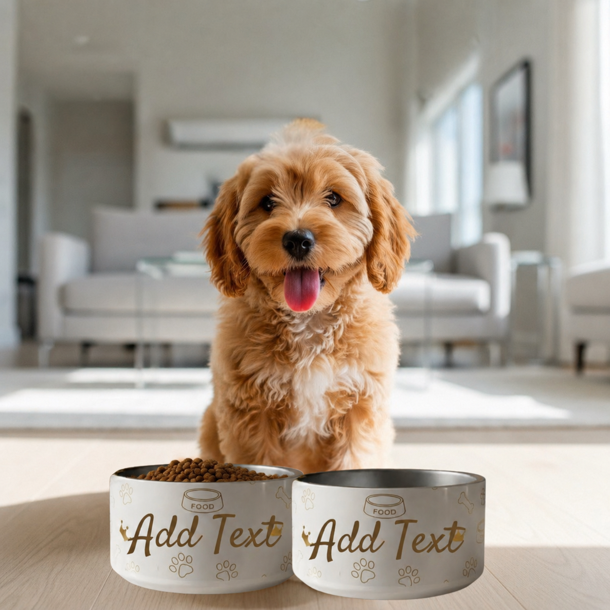 Personalized Luxury Dog Bowl Stainless Steel, Modern Ivory Whisper Crown Pattern Set 18 oz.