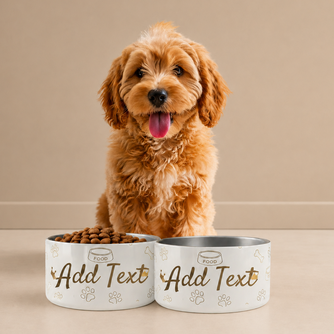 Personalized Luxury Dog Bowl Stainless Steel, Modern Ivory Whisper Crown Pattern Set 18 oz.