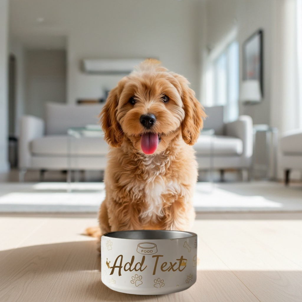 Dog sitting in a modern living room with a customizable pet bowl in front.