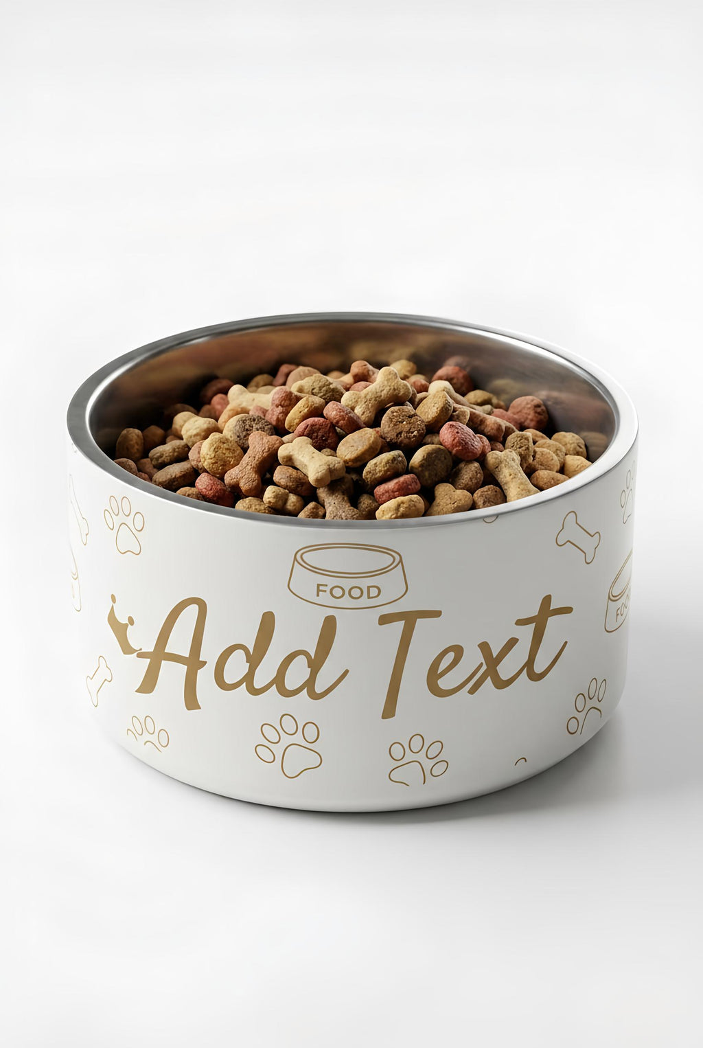 Dog food bowl with text placeholder on a white background