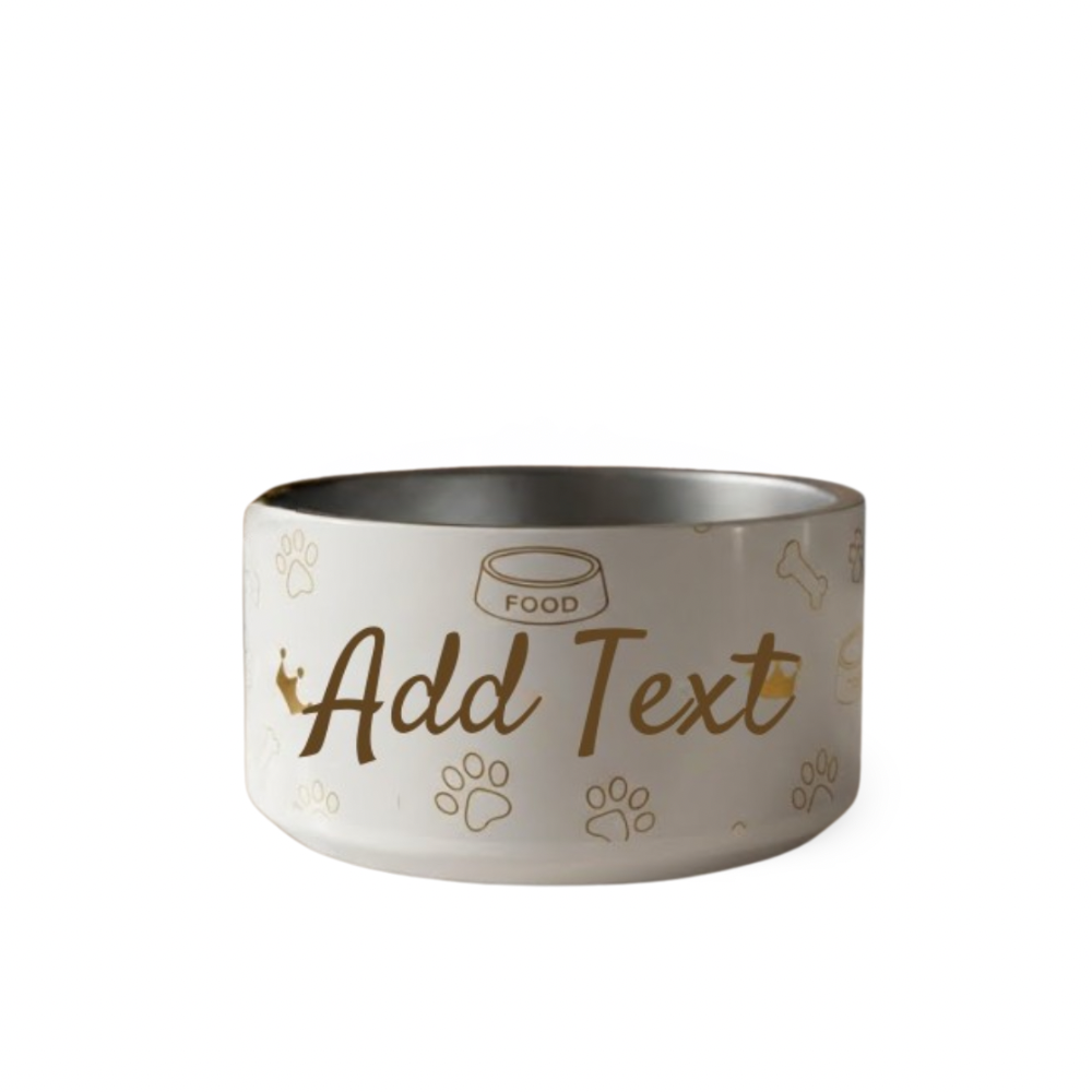 White pet bowl with gold text and crown and paw prints on a white background