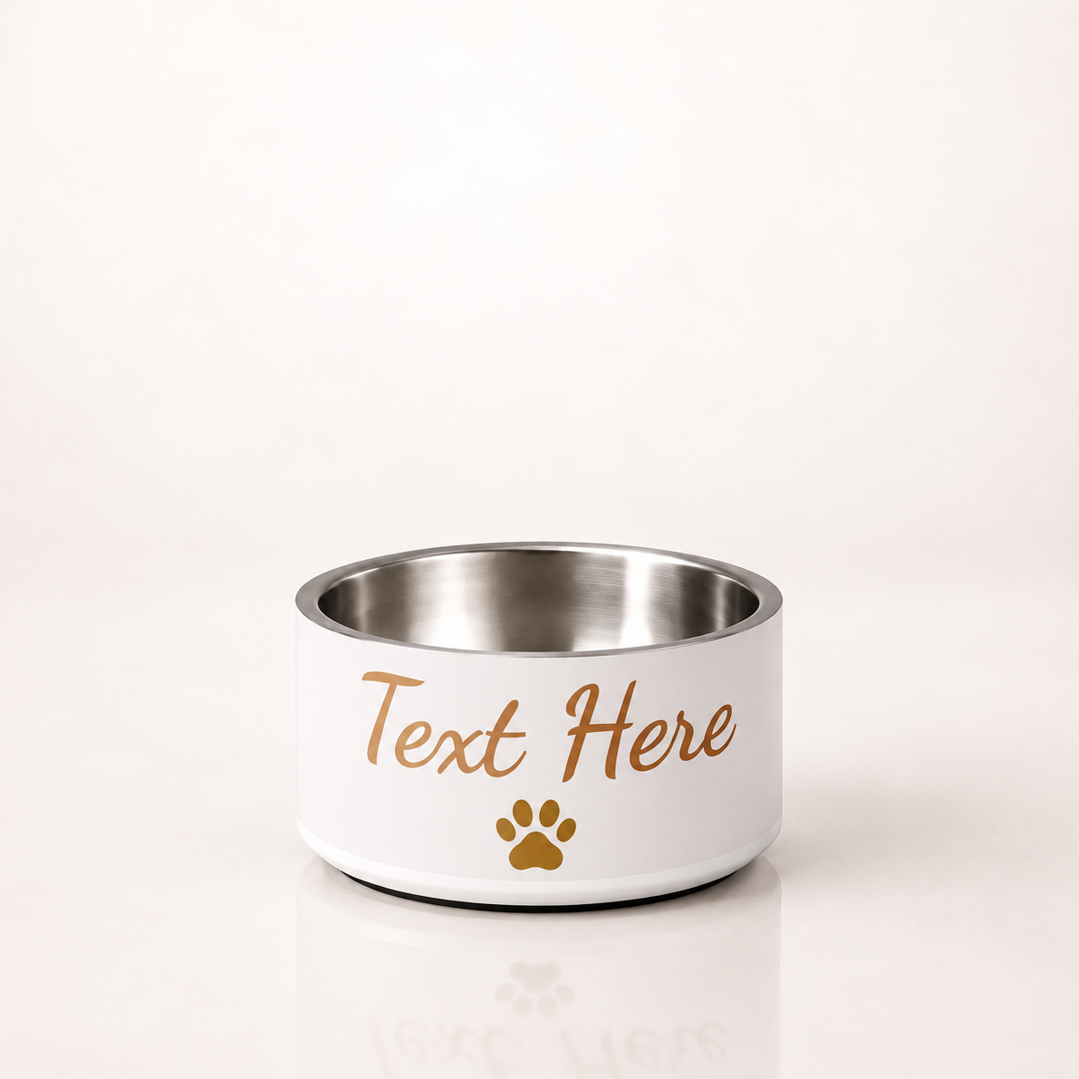 A customizable ivory whisper stainless steel dog bowl with text that says  ‘Text Here’ On a ivory whisper background