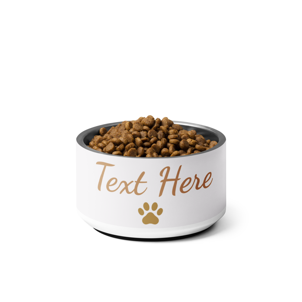 Ivory Whisper pet bowl with 'Text Here' and paw print, filled with pet food on a white background