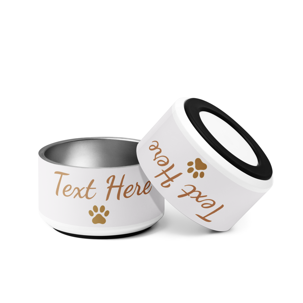 Two ivory Whisper bowls with gold text and paw prints on a white background