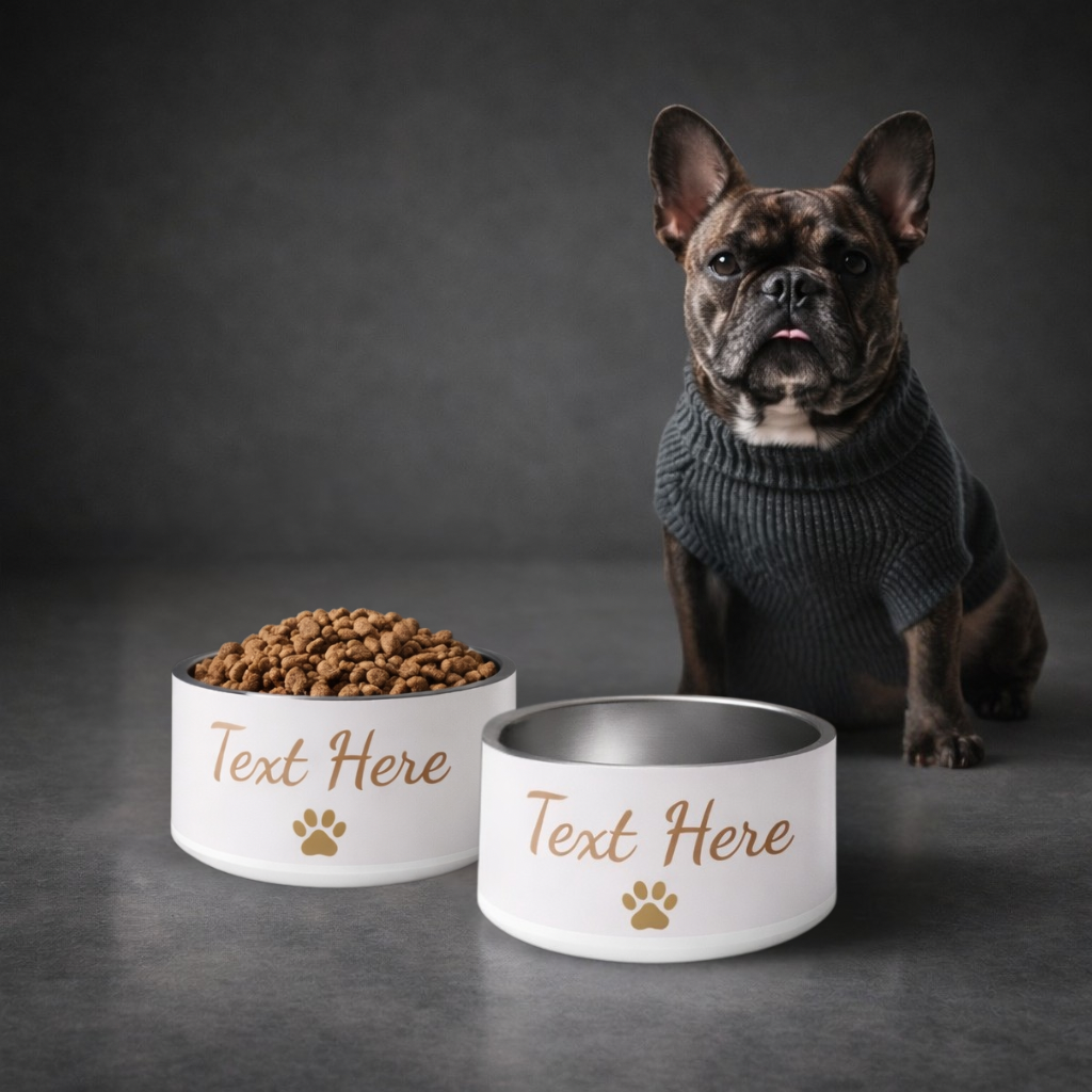 Dog wearing a sweater with two personalized pet bowls in front on a dark background