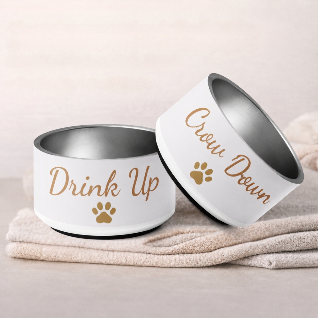 Two pet bowls with 'Drink Up' and 'Pour Down' text on a light background