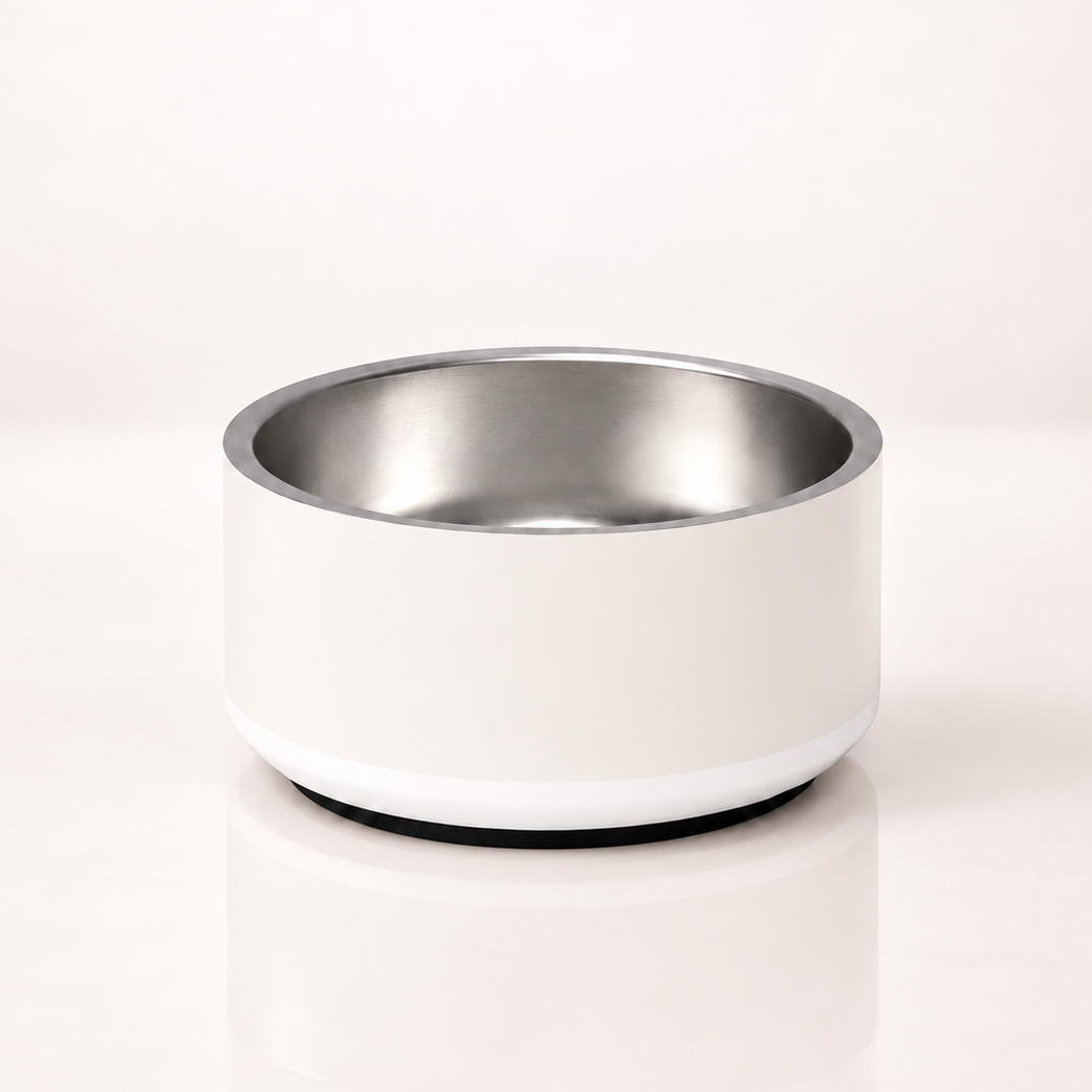 The back view of the Customizable ivory whisper stainless steel dog bowl, on an ivory whisper background.