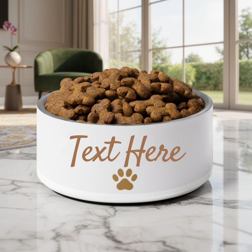 White pet bowl with dog food and customizable text on a marble surface