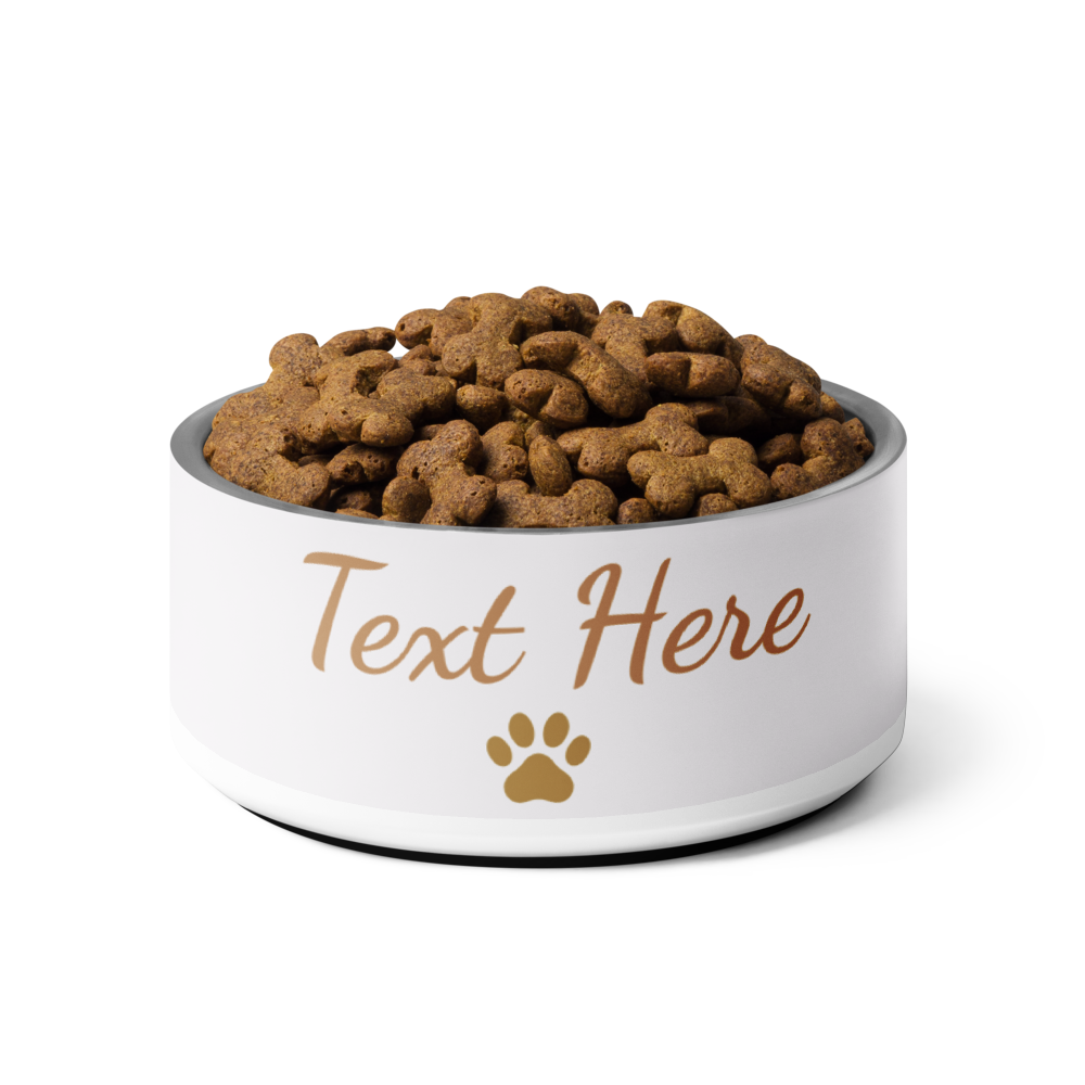 Ivory Whisper  pet bowl with brown pet food and customizable text on a white background