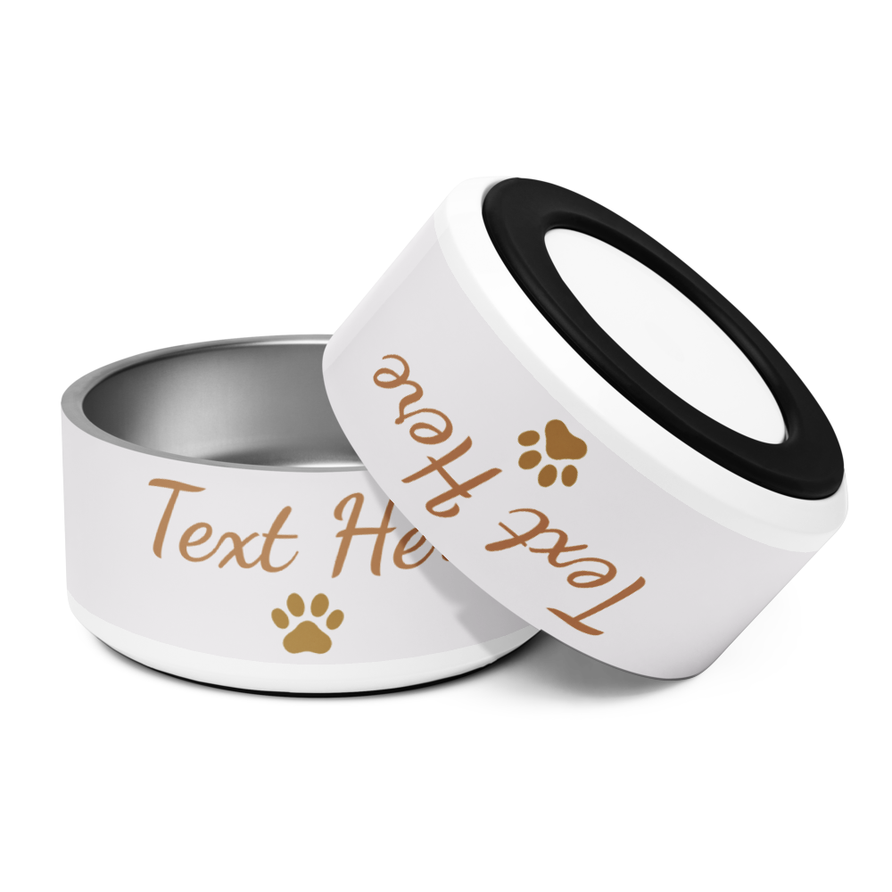 White pet bowl with 'Text Here' text and paw prints on a white background