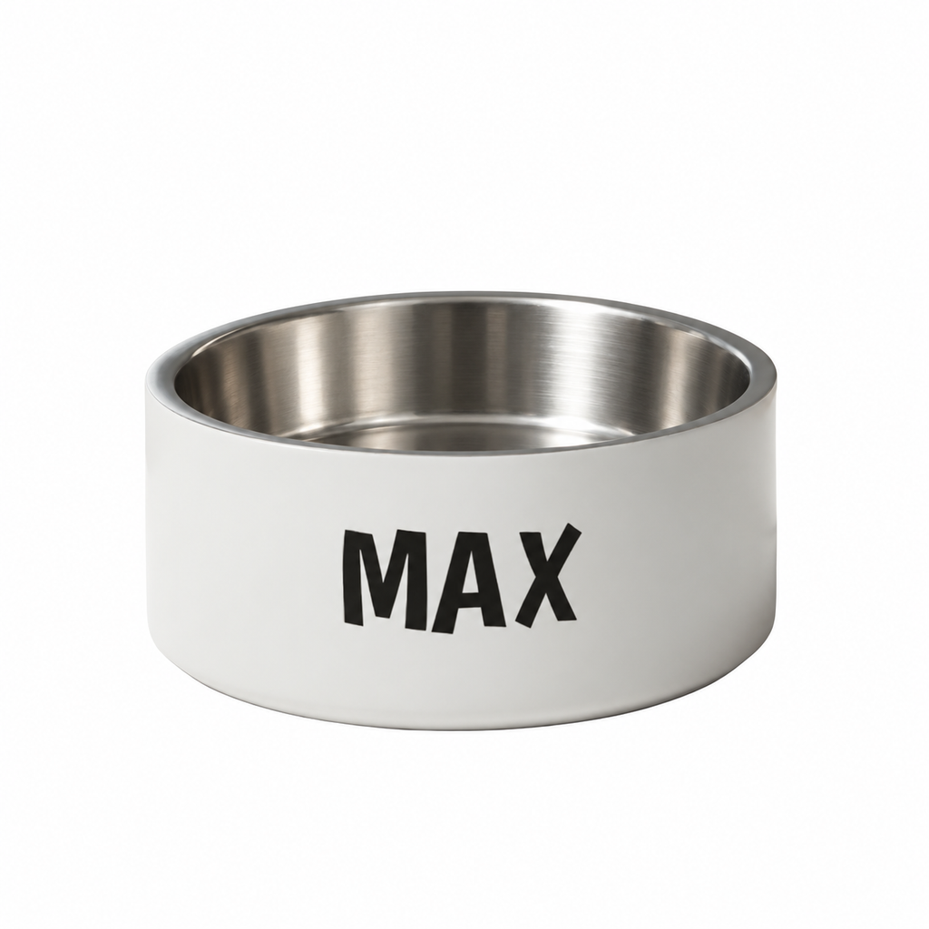 White stainless Steel personalized luxury dog with text ‘MAX’ on a white background