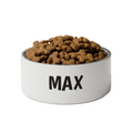 White stainless Steel personalized luxury dog bowl filled with dog food on a brown background