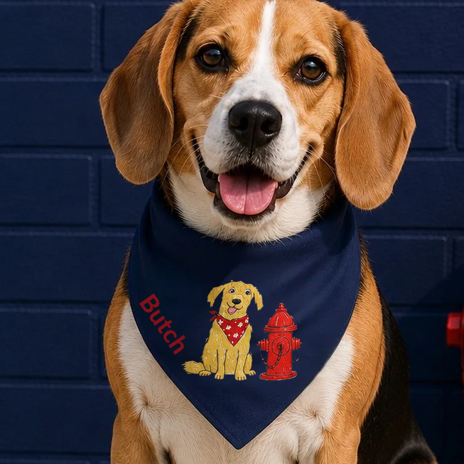 Personalized dog Bandana Collar with dog and dog hydrant  image, medium size dog standing against a blue brick background
