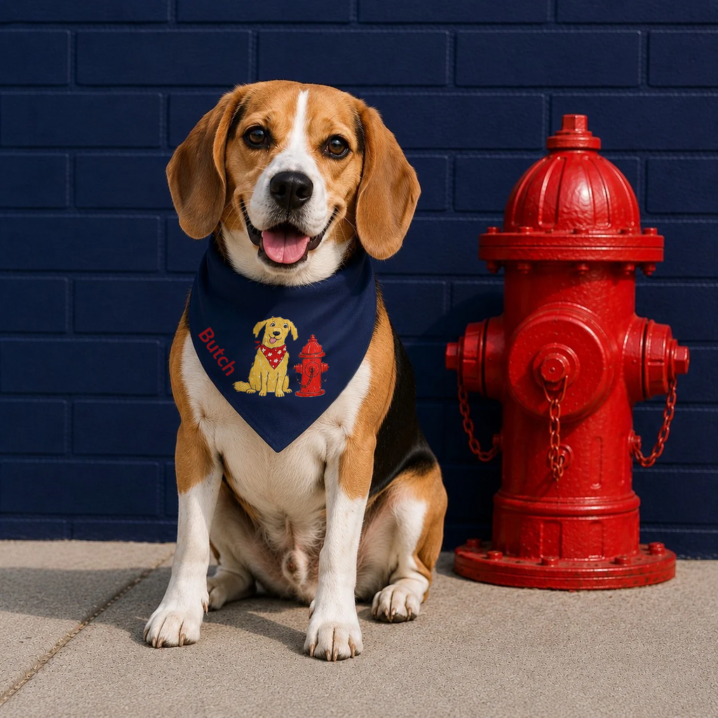 Personalized medium size dog wearing a dog Collar-Bandana with a Fire hydrant illustration, background a red fire hydrant in front of a blue brick wall, by Uncommon Canine Couture Co.