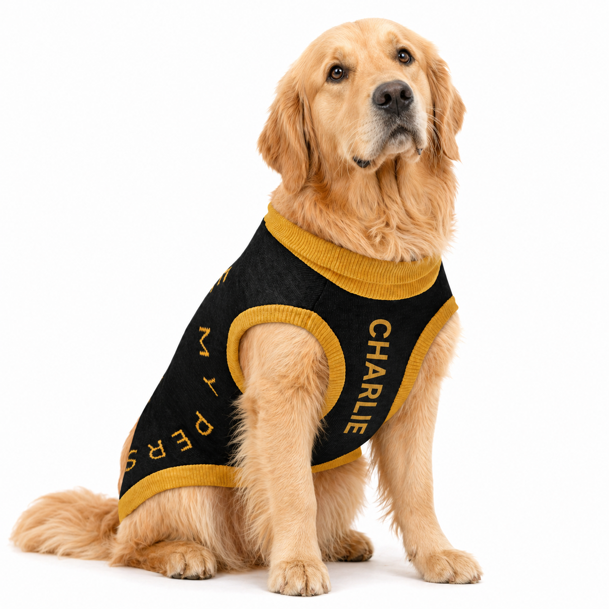 Personalized Dog Sweater Black, and Gold