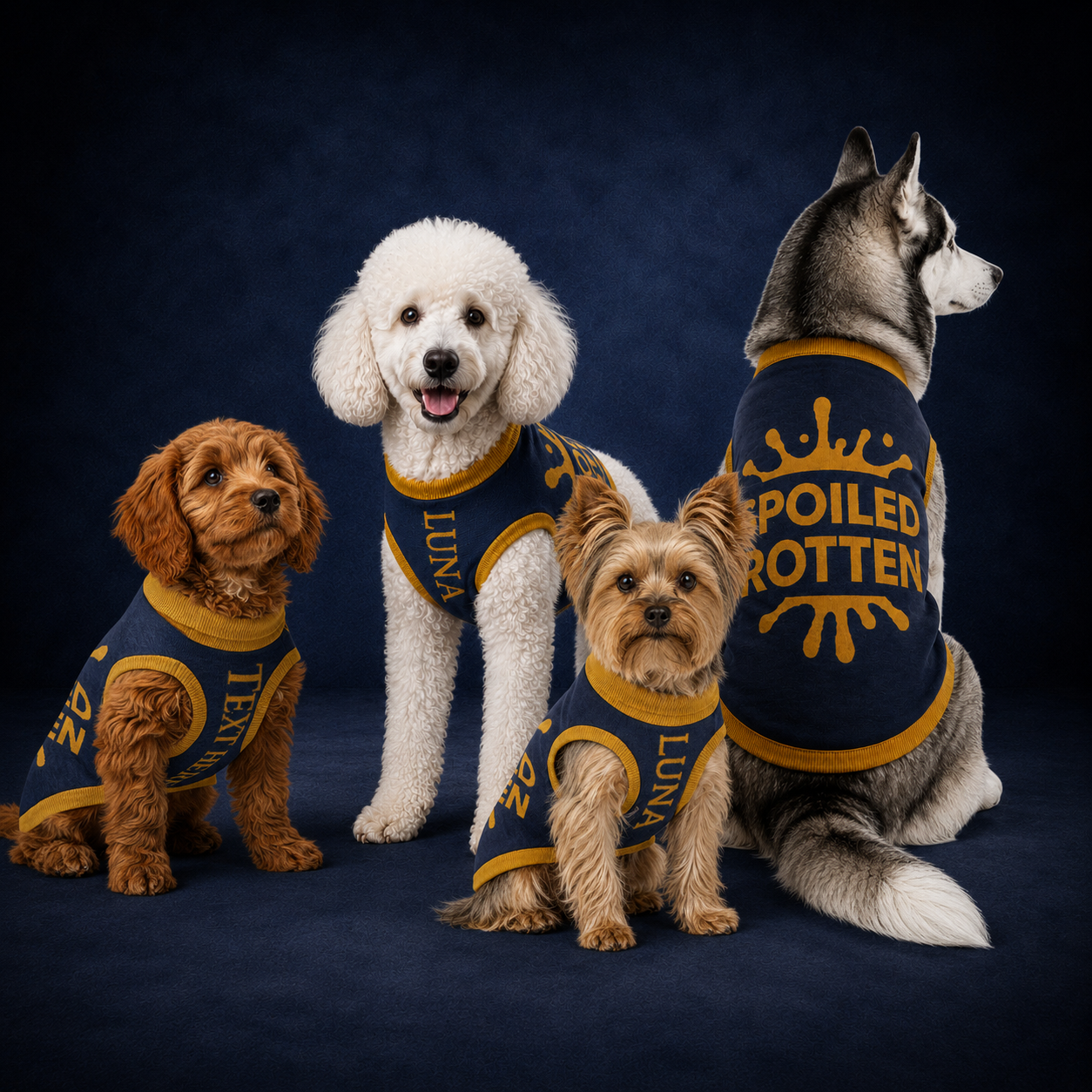 Four dogs wearing various sizes of blue and gold premium modern personalized sweaters “Spoiled Rotten”text on a dark background, by Uncommon Canine Couture Co. 