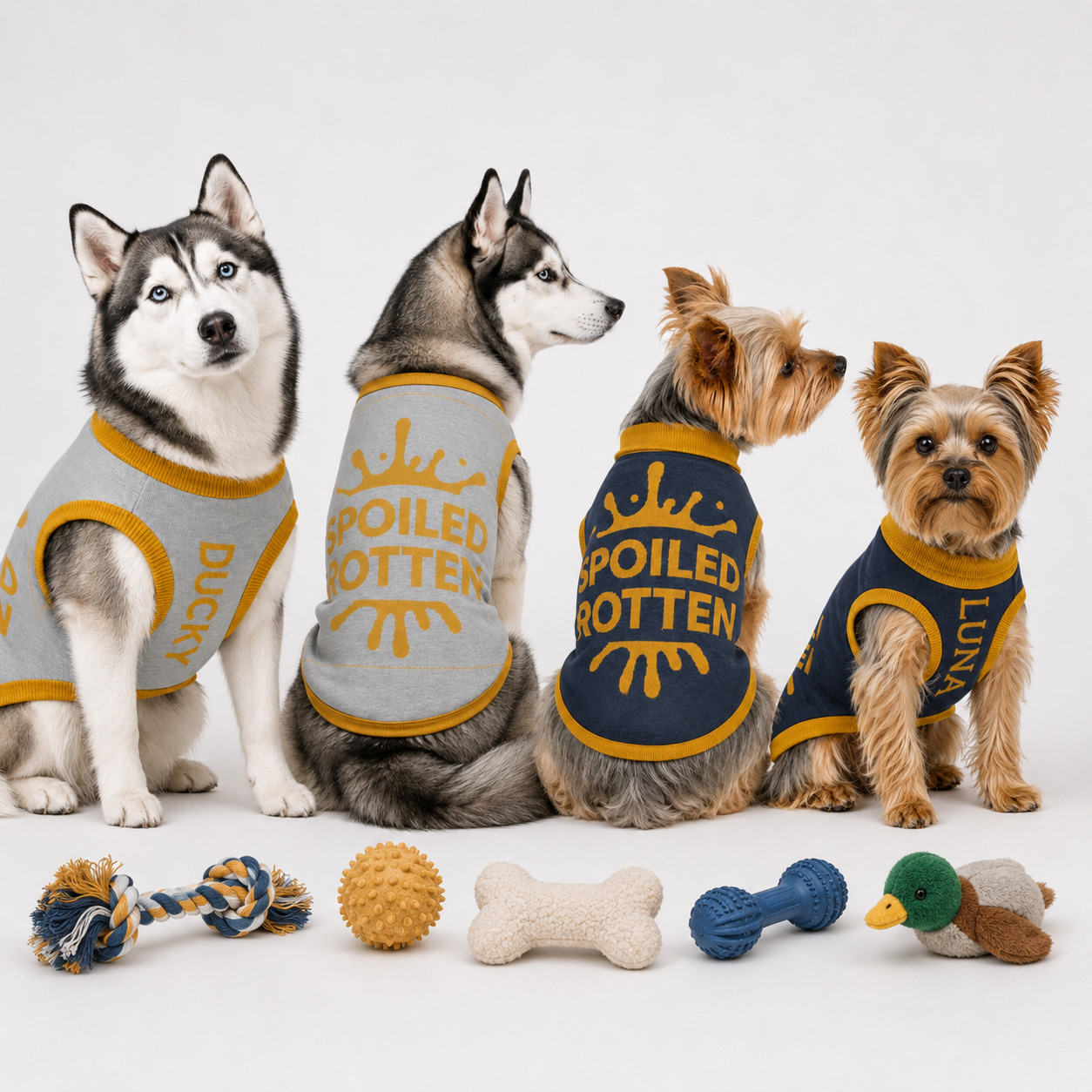 Four dogs wearing branded sweaters text Spoiled Rooten with toys on a white background