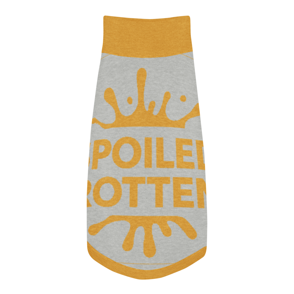 Gray dog sweater with gold text and design on a white background
