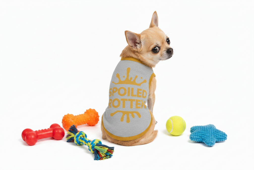 Personalized back-facing gray and gold sweater with "Spoiled Rotten" printed on the back, worn by a Chihuahua with several dog toys on the floor.  By Uncommon Canine Couture Co.