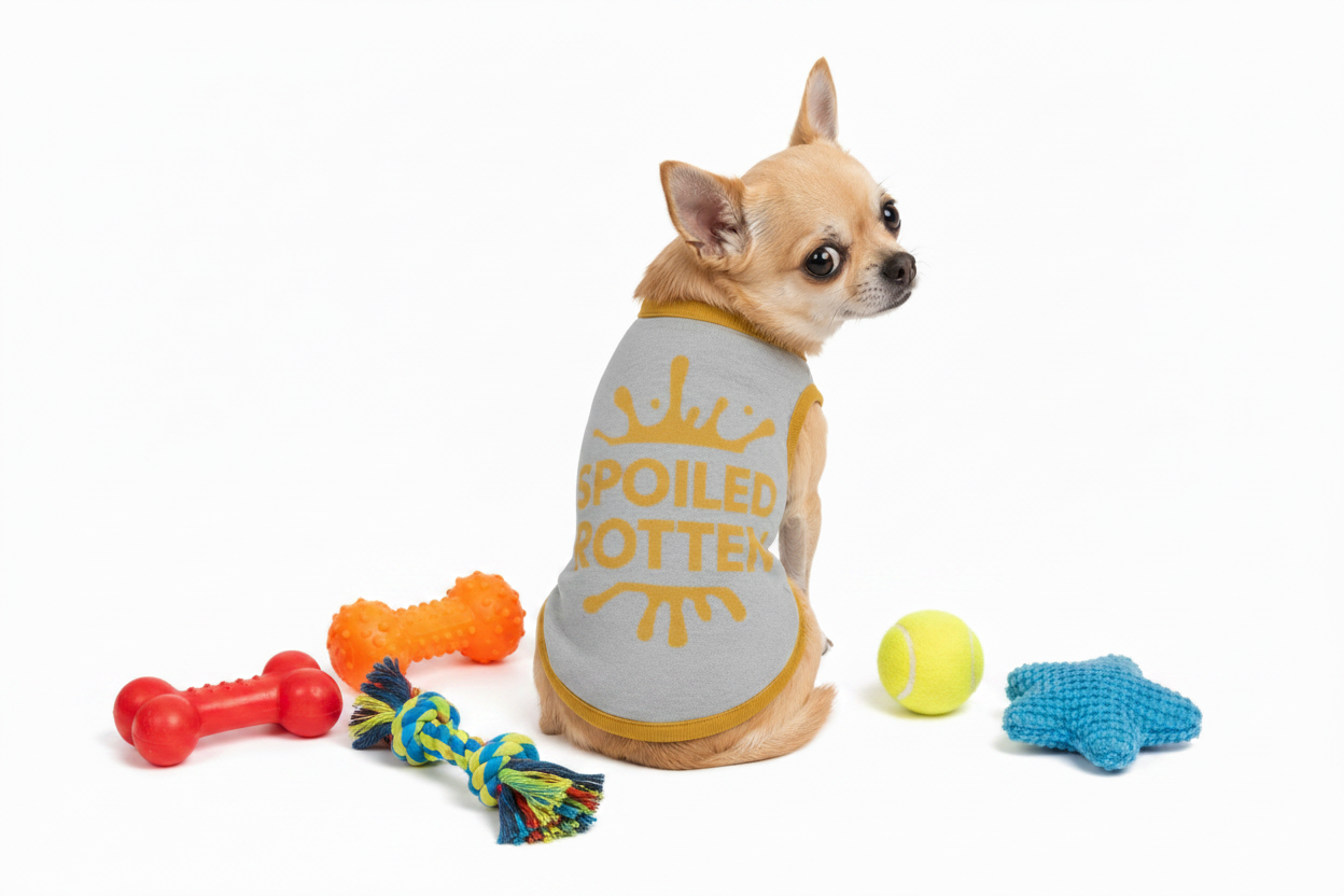 Personalized back-facing gray and gold sweater with "Spoiled Rotten" printed on the back, worn by a Chihuahua with several dog toys on the floor.  By Uncommon Canine Couture Co.