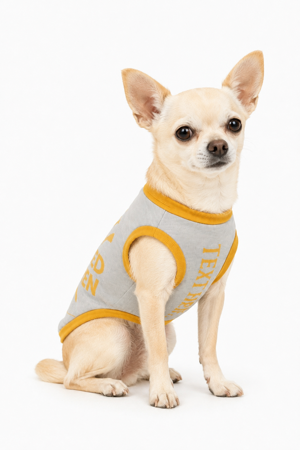 Small dog wearing a gray and gold Spoiled Rotten personalized dog sweater by Uncommon Canine Couture Co.