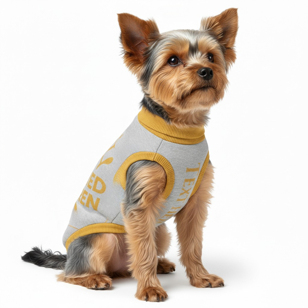 Personalized front-facing gray and gold sweater with "Spoiled Rotten" printed on the back, worn by a Yorkie. 