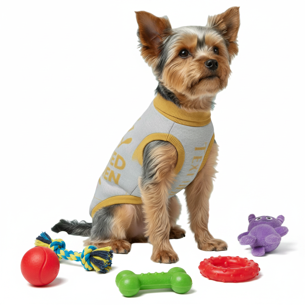 Personalized front-facing gray and gold sweater with "Spoiled Rotten" printed on the back, worn by a Yorkie with several dog toys on the floor.  By Uncommon Canine Couture Co.