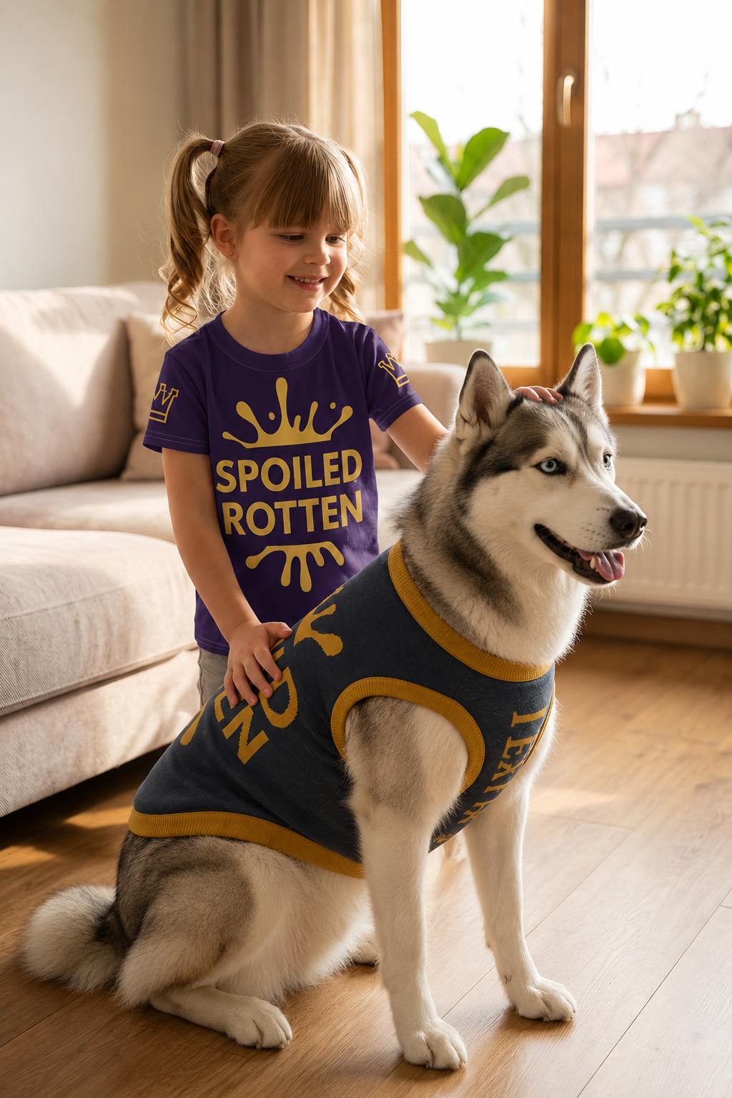 Personalized Dog sweater, Blue and Gold, Splashes with “SPOILED ROTTEN”, 2XL