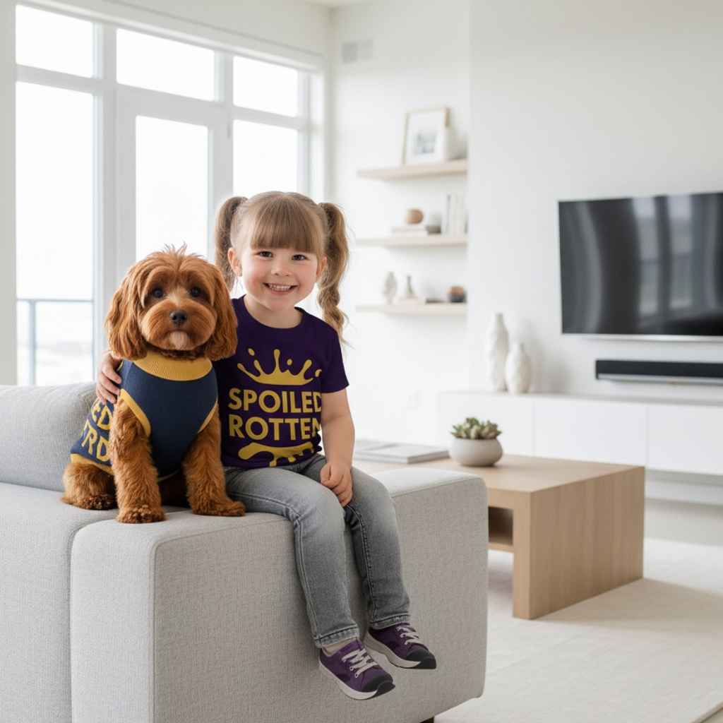 Three year old girl wearing navy Spoiled Rotten T-shirt with dog in matching personalized sweater, by Uncommon Canine Couture Co.