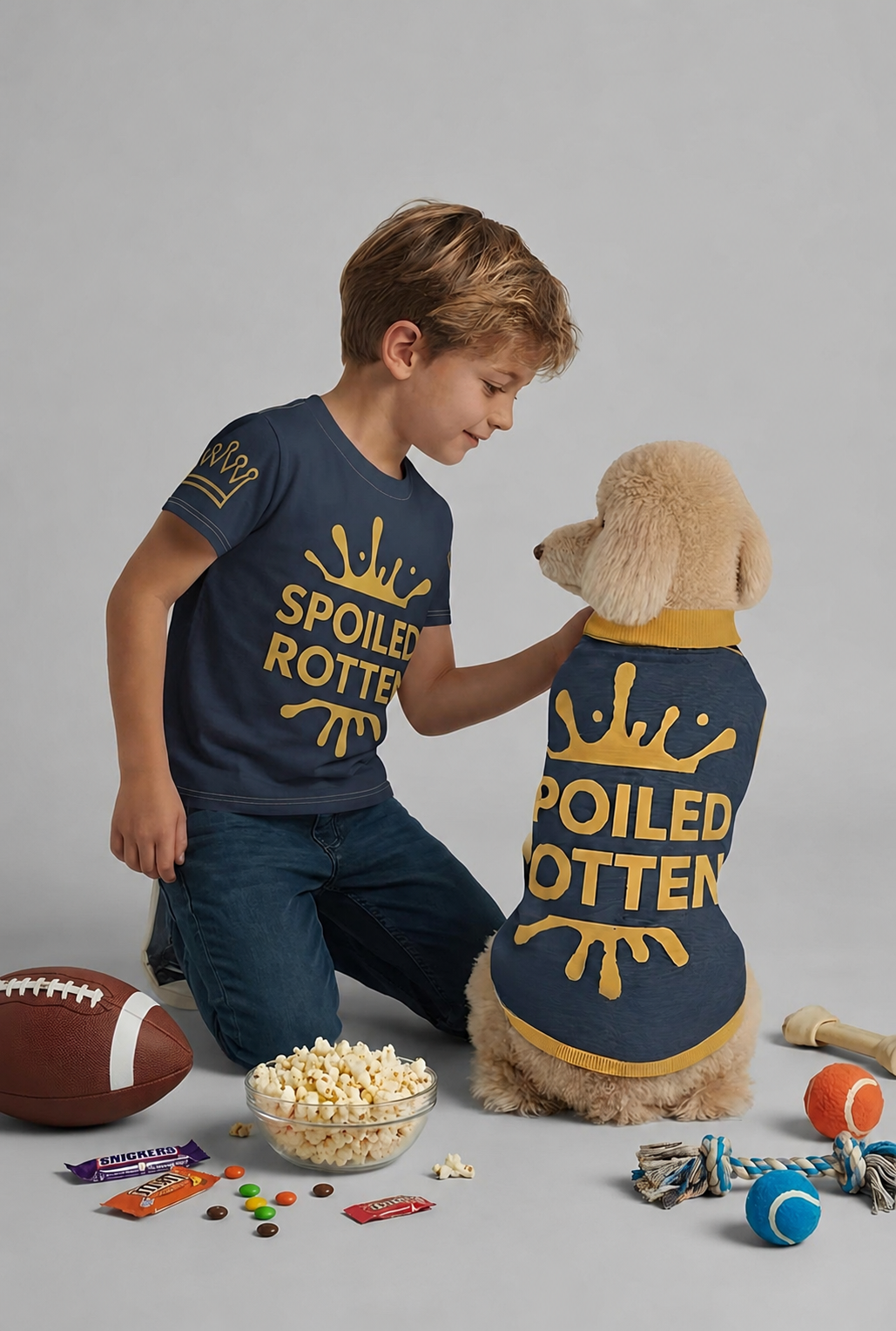 Boy wearing navy Spoiled Rotten T-shirt with dog in matching personalized dog sweater, Uncommon Canine Couture Co.