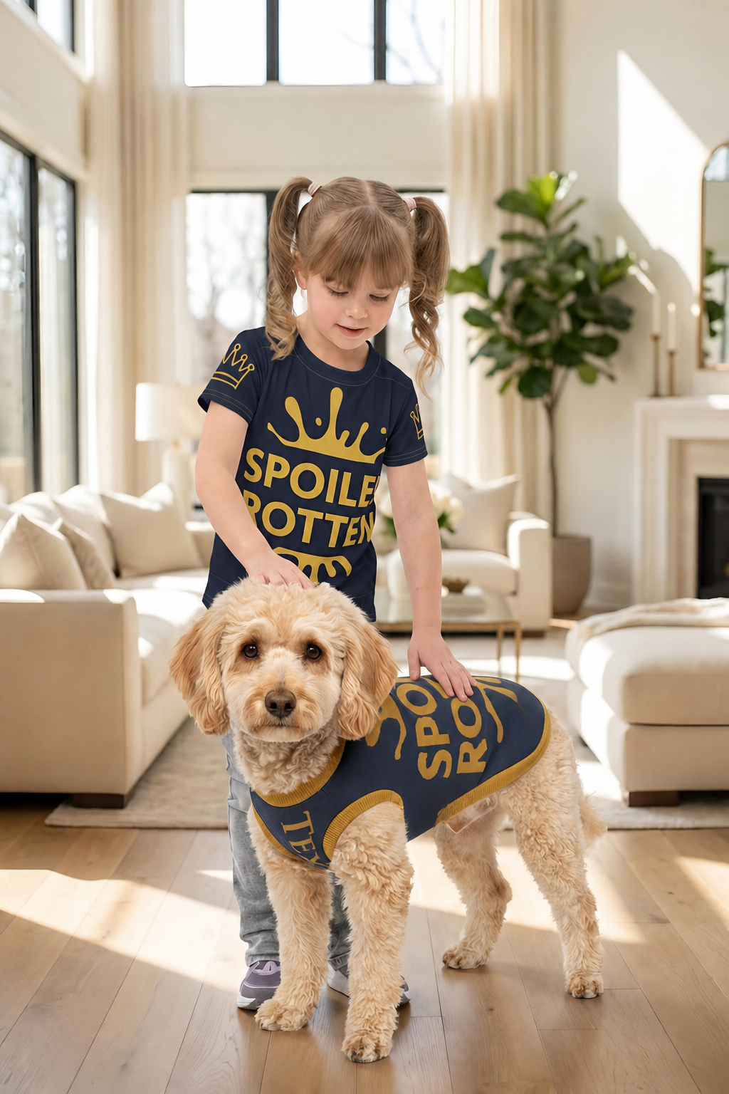 Girl with dog wearing matching Spoiled Rotten T-shirt Navy and gold personalized dog sweater, by Uncommon Canine Couture Co.