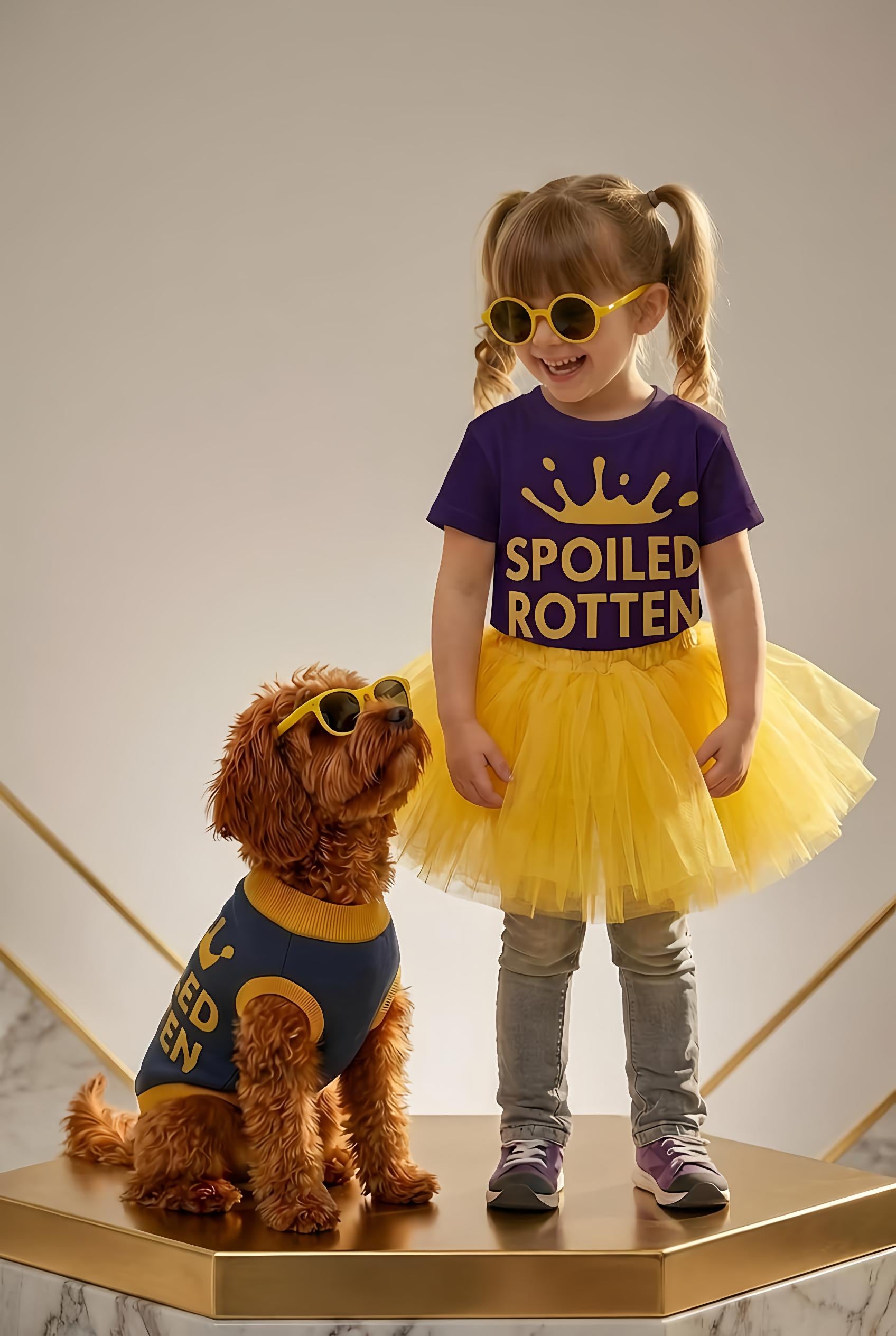 Girl wearing navy and gold Spoiled Rotten T-shirt with dog in matching personalized sweater