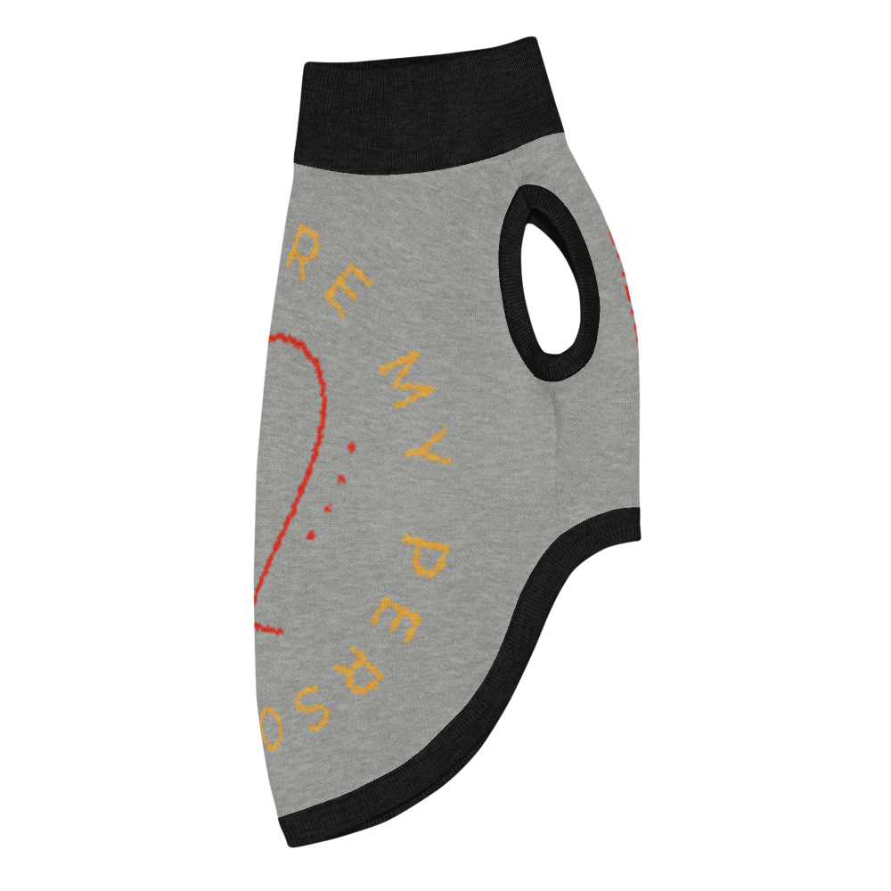 Gray pet outfit with black trim and text on a white background