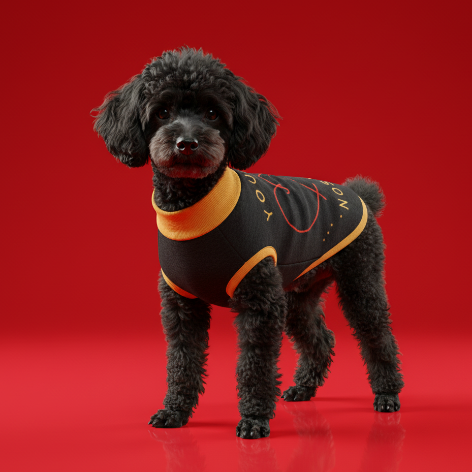 Black dog wearing a black and gold outfit on a red background