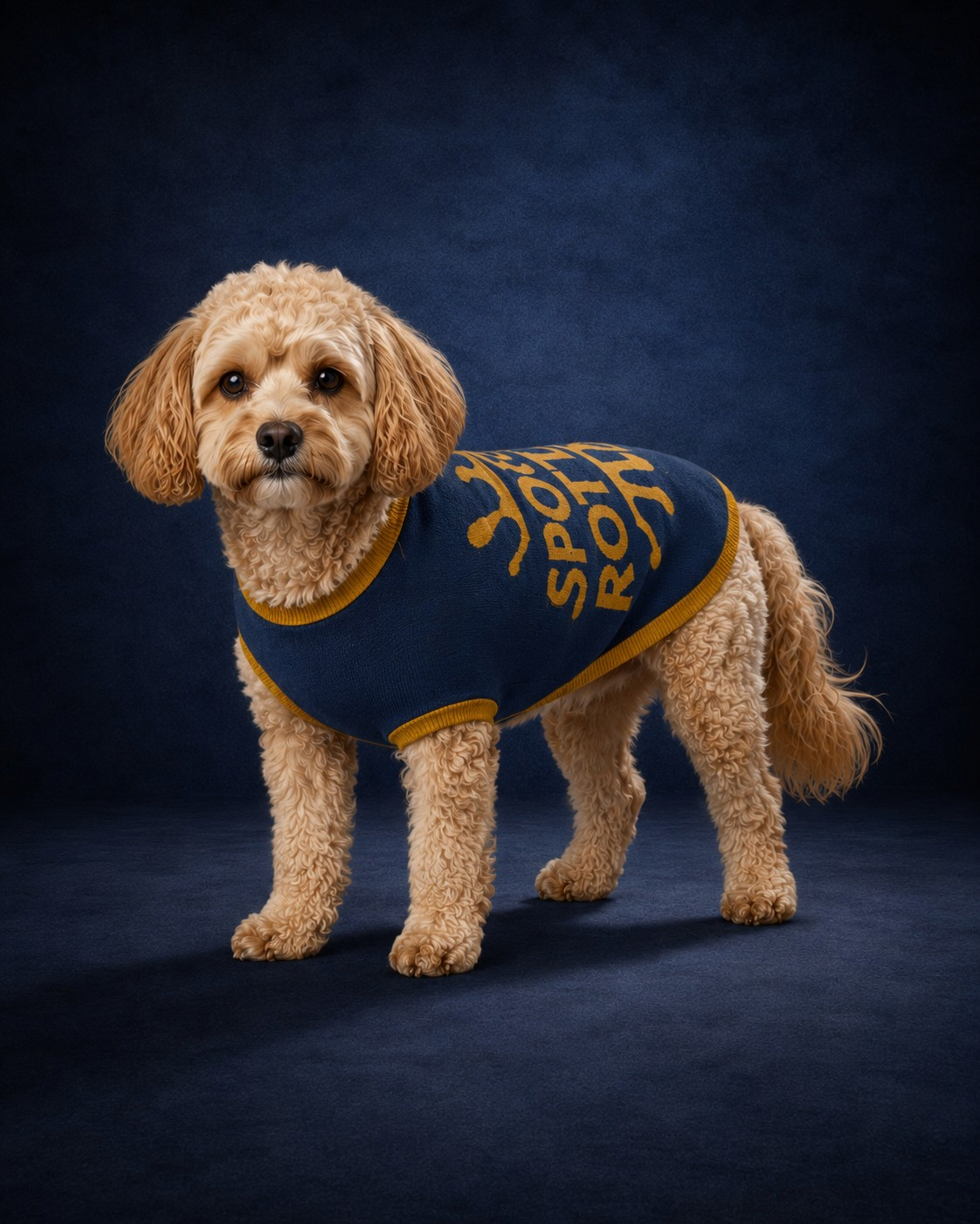 Personalized premium left facing navy and gold sweater with "Spoiled Rotten" printed on the back, by Uncommon Canine Couture Co.