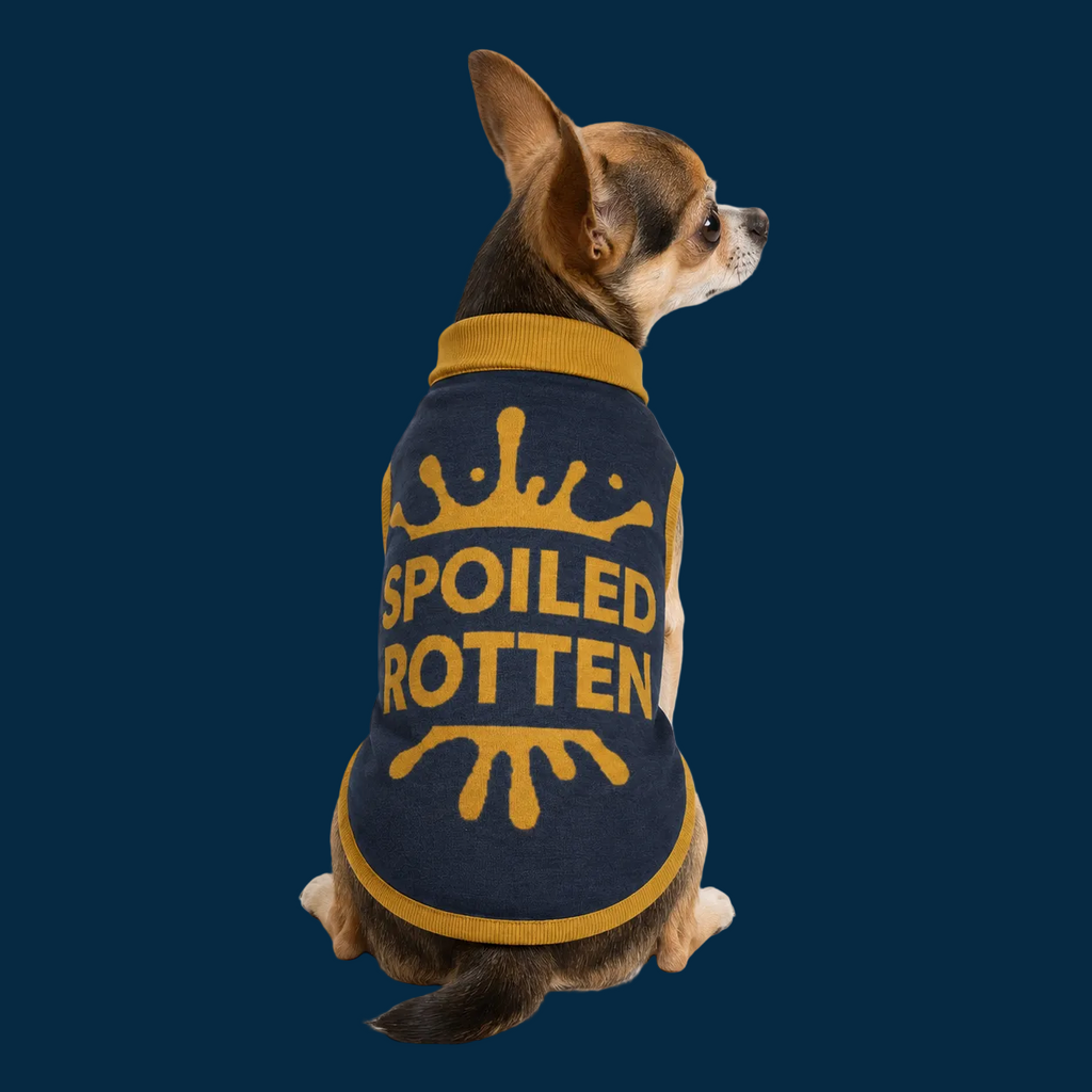 Personalized back-facing blue and gold sweater with "Spoiled Rotten" printed on the back, worn by a Chihuahua with several dog toys on the floor.  By Uncommon Canine Couture Co.