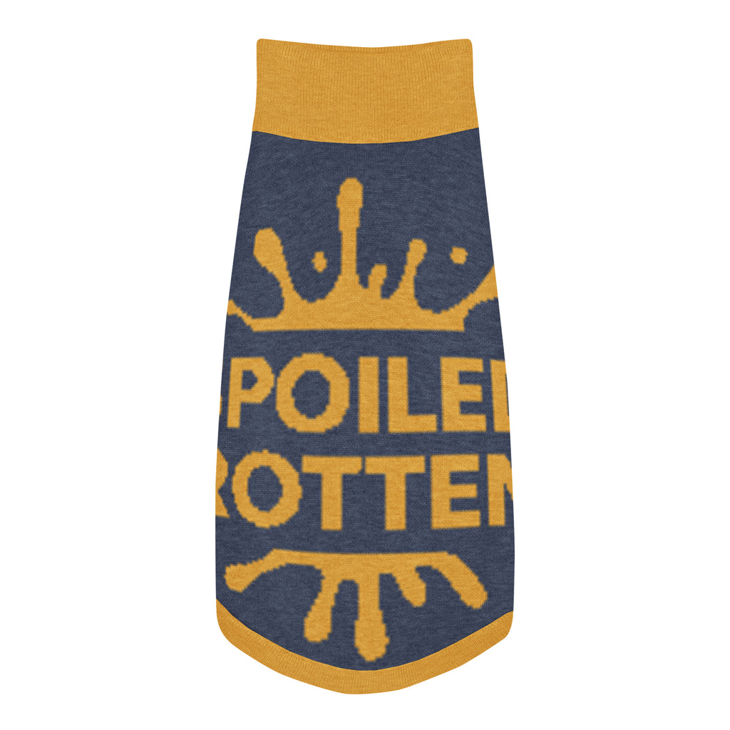Personalized back-facing gray and gold sweater with "Spoiled Rotten" printed on the back