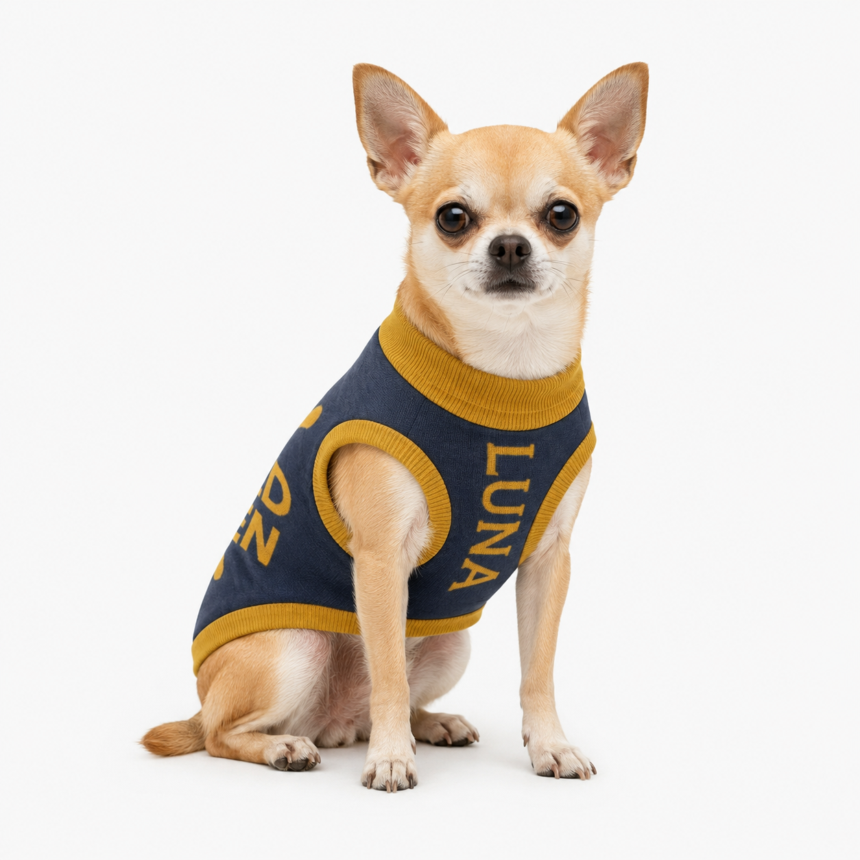 Small dog wearing a navy and gold Spoiled Rotten personalized dog sweater by Uncommon Canine Couture Co.